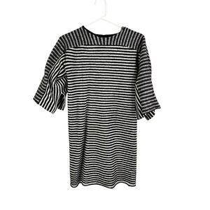 Zara Womens Wool Midi Dress M Black White Striped Long sleeve
